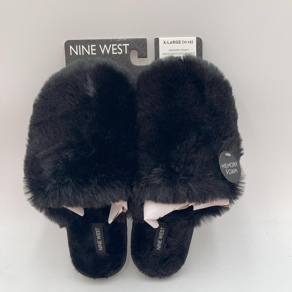 Nine West Slippers Womens Black Faux Fur Slide Memory Foam Cozy House Size 11/12